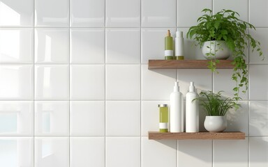 Wooden shelves with cosmetics and toiletries against white tile wall with biophilic and eco friendly design. Hanging glass pots with green plants. High quality