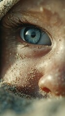 Child playing in sandy beach environment while looking curiously at the camera with striking blue eye during sunny day