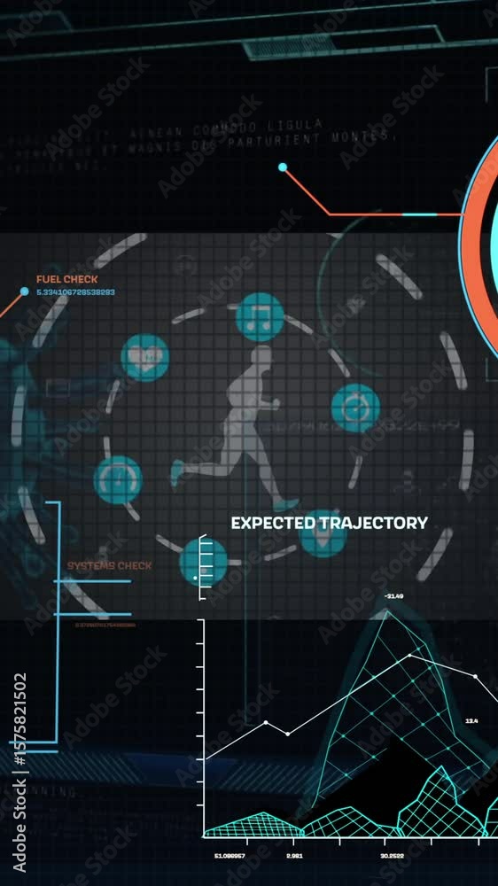 Poster animation of data processing over scope and human running on black background