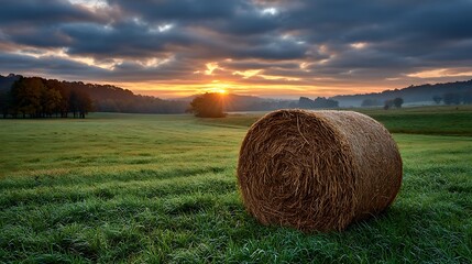 Golden sunrise illuminates a dew kissed field with a solitary hay bale