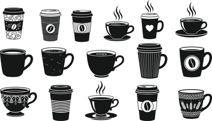 Hand-drawn coffee cups and takeaway coffee mugs collection, black and white vintage style, hot beverage icons, coffee shop design elements, vector illustration