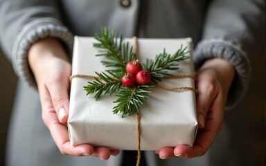Zero waste Christmas gift. Hands holding stylish gift wrapped in linen fabric with green fir branch and red berries on rustic background. Plastic free sustainable lifestyle. High quality