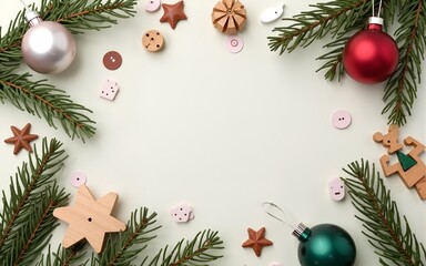 Zero west and eco friendly christmas concept flat lay with  branches and wooden toy. High quality