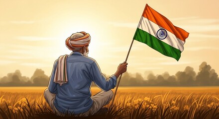 Indian Farmer Holds Flag at Sunrise, Honoring Nation