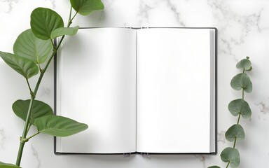 Blank cover white book with plant leaves on marble background. Ecology and zero-waste, green lifestyle. Mockup, template for design. Minimalistic composition. Top view, flat lay. High quality