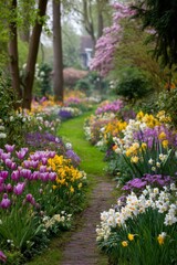 Colorful Spring Garden Path with Tulips and Daffodils