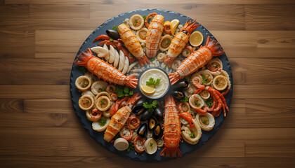 Naklejka premium Seafood Platter Delight A circular arrangement of grilled shrimp, mussels, calamari, and lemon slices, presented beautifully on a slate plate