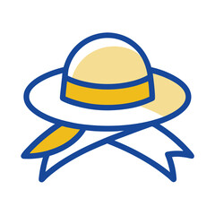 Elegant Straw Hat with Ribbon Icon in Blue and Yellow