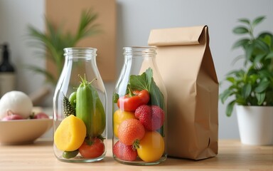 Zero waste concept, sustanable lifestyle - glass and paper reusable packaging for grocery shopping. High quality