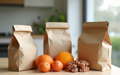 Zero waste concept, sustanable lifestyle - glass and paper reusable packaging for grocery shopping. High quality