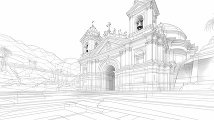 Fototapeta premium Architectural drawing of a cathedral exterior.