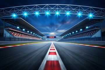Racing track stadium illuminated by bright blue lights under a dramatic sky speedway asphalt