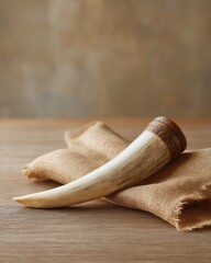 Horn artifact displayed on natural fabric, showcasing craftsmanship and design elements in a soft lighting environment
