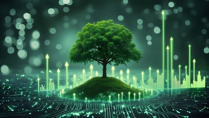 Sustainable Technology & Green Growth: Tree on Circuit Board with Upward Trends