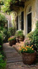 Fototapeta premium Charming Southern House with Colorful Flower Pots and Brick Path