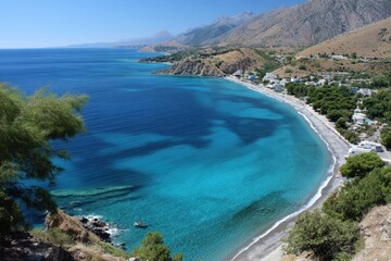 Stunning coastal view of crystal clear waters and sandy beach at Rhodes island under bright sunlight