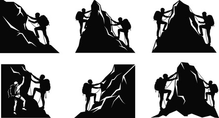 Silhouette of two climbers ascending steep rocky mountain, teamwork, adventure, outdoor sport, extreme climbing, hiking, nature exploration, challenge, success, safety, determination