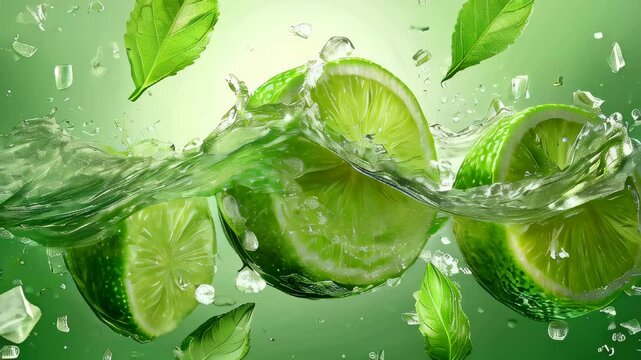 video of A lime slice, accompanied by leaves and a splash of green juice. Vector backdrop with 3D water waves, citrus segments, ice cubes, and mint leaves in motion