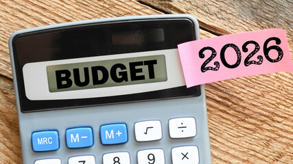 BUDGET 2026 text on the calculator screen.