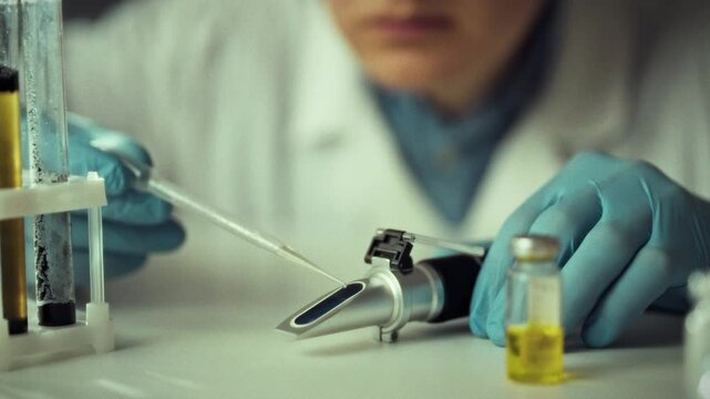 In a bright laboratory, a scientist in a lab coat carefully uses a refractometer to analyze a liquid sample with a pipette. The focus is on the precise measurement process