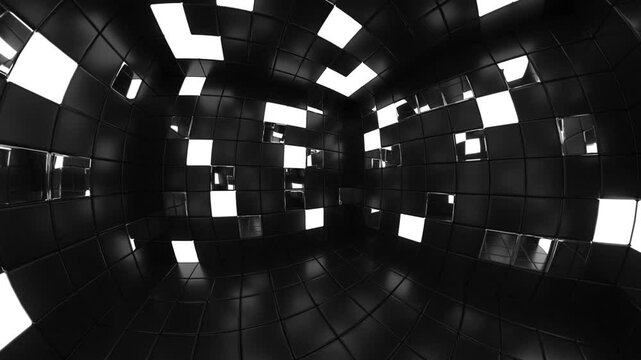 A 360&deg; panoramic animation of a stylized black room with a curved structure. Alternating matte and glossy tiles are arranged on the walls, floor, and ceiling, with some tiles emitting a soft white glo
