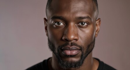 Obraz premium Close up of serious Black man with beard looking straight at camera with calm face and big eyes on plain background simple portrait photo with strong light showing skin and face details
