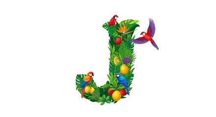 Vector tropical letter j design with parrots and exotic fruits vector illustration jungle theme alphabet art