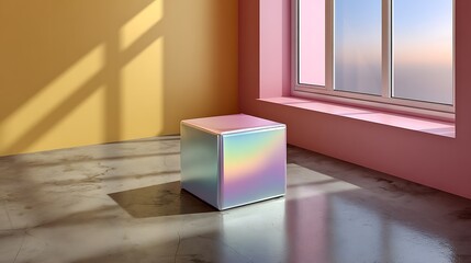 A holographic cube sits on a concrete floor in a room with yellow and pink walls illuminated by sunlight streaming through a window