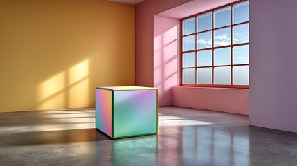 Iridescent cube illuminated by sunlight in a minimalist room with a large window