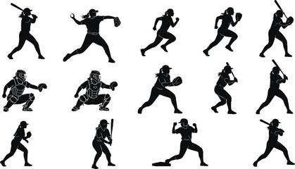 Female softball players silhouettes in various action poses, pitching, batting, catching, running, and fielding, isolated on white background, sports, teamwork, athleticism, competition