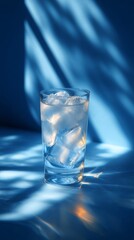 Glass of Ice Water on Blue Background