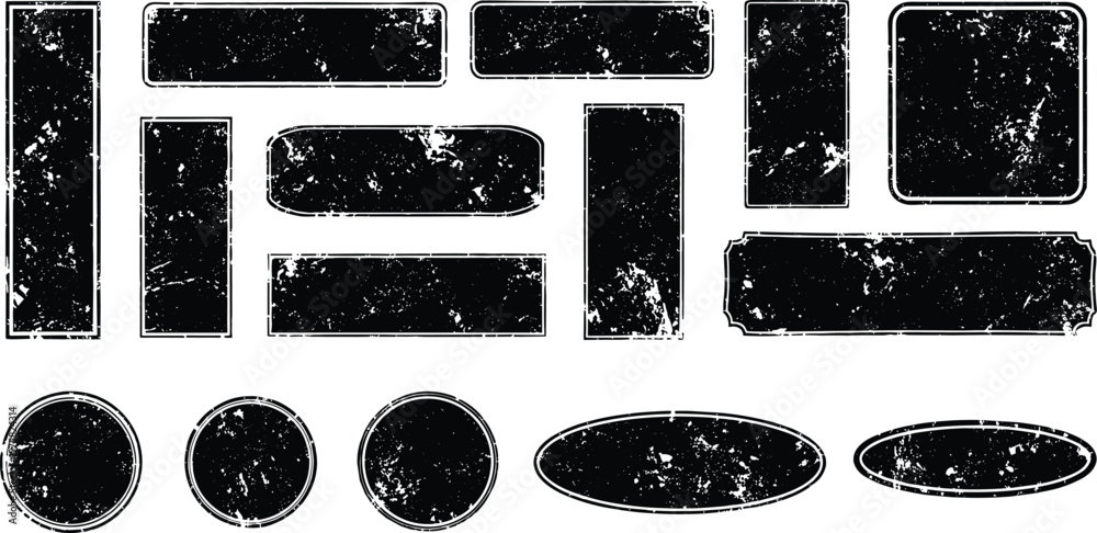 Aufkleber Hand drawn grunge textured text box frames set with uneven rough jagged edge. Ink pen rectangles squares circles ovals collection. Retro vintage aged distressed vector banners borders