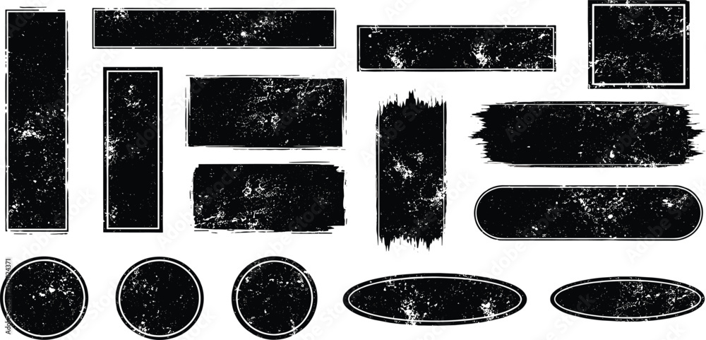 Aufkleber Hand drawn grunge textured text box frames set with uneven rough jagged edge. Ink pen rectangles squares circles ovals collection. Retro vintage aged distressed vector banners borders