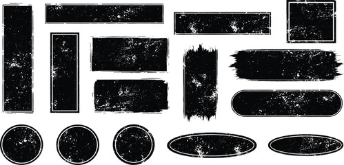Hand drawn grunge textured text box frames set with uneven rough jagged edge. Ink pen rectangles squares circles ovals collection. Retro vintage aged distressed vector banners borders