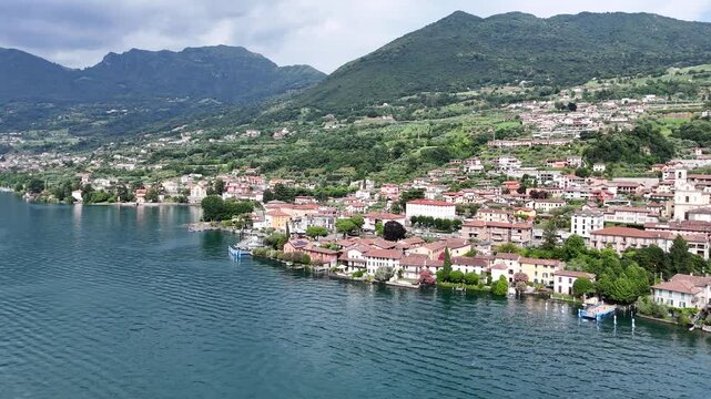 Sulzano town on Lake Iseo Italy drone,aerial