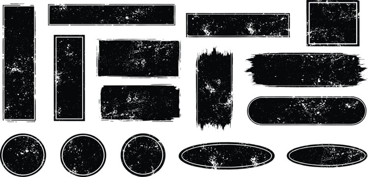 Hand drawn grunge textured text box frames set with uneven rough jagged edge. Ink pen rectangles squares circles ovals collection. Retro vintage aged distressed vector banners borders