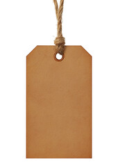 Brown paper label hangs suspended against transparent background.