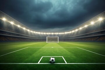 Soccer stadium with ball and goal under dramatic lighting field grass