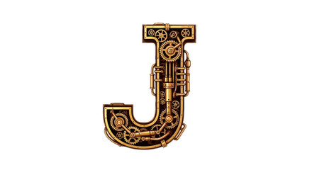 Vector steampunk letter j illustration, mechanical alphabet design, vintage style font, golden cogwheel art