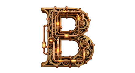 Vector steampunk letter b alphabet design with gears and pipes industrial style vintage mechanical font graphic