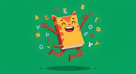 Happy Cartoon Cat Book Character Jumping with Colorful Letters on Green Background