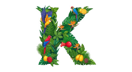 Vector tropical letter k illustration with parrots and exotic fruits and flowers for design and decoration ideas