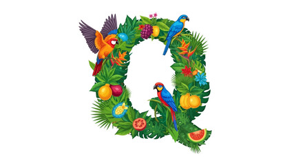 Vector tropical letter q with parrots and exotic fruits alphabet design vector illustration for decoration, 100