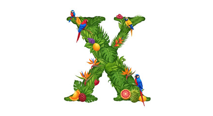 Vector tropical letter x design with exotic birds, jungle leaves and fruits, vector illustration for decoration