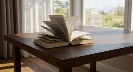 Magical Open Book with Turning Pages on Wood Table in Sunlight