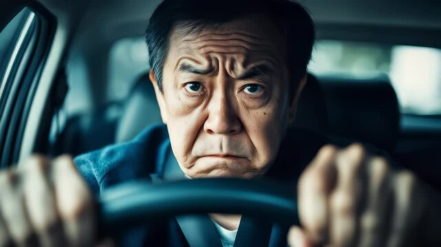 Middle-aged Driver Serious Grip Steering Wheel