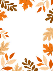Rectangular template with autumn leaves in warm orange and brown tones on white background. Space for text. Perfect for seasonal invitations, greeting cards, flyers, posters, and Thanksgiving designs.