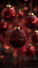 Fototapeta premium Shimmering red Christmas ornaments hanging against a blurred festive background decorated with warm bokeh lights