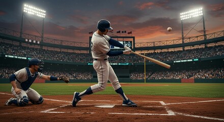 Naklejka premium Baseball player swinging bat in stadium