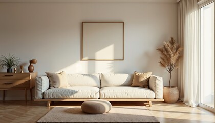Stylish living room with a beige sofa, decorative elements, and natural light